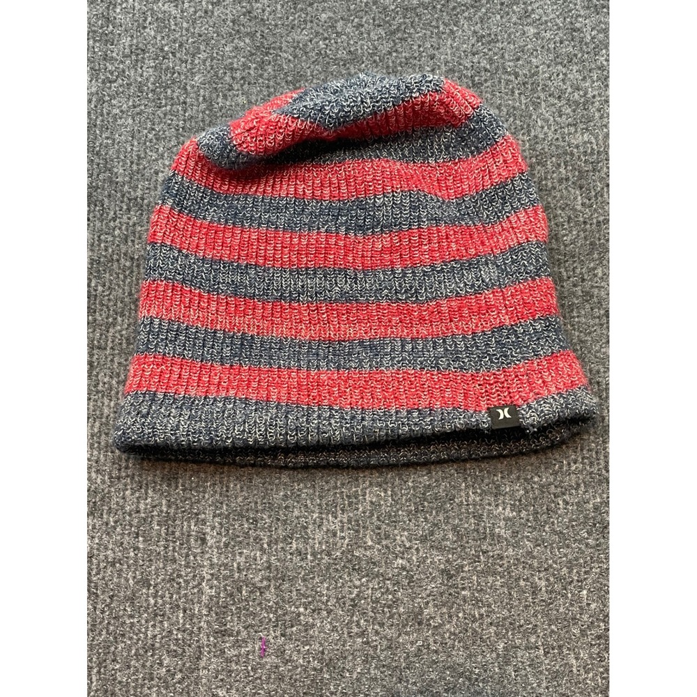 Hurley Striped Beanie Red Navy Blue Knit Skater Surf Hat MBN0000480